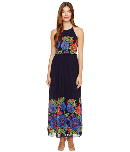 Taylor - 8970M Zinnia Print Halter Dress in Blue and Multi-Color
