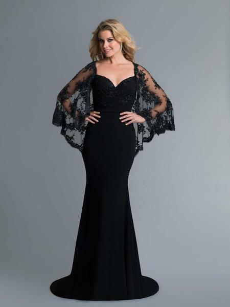 Saboroma - 4113 Embroidered Illusion Cape Trumpet Gown In Black