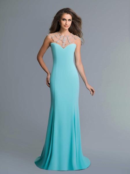 Saboroma - 4117 Embellished Jewel Neck Trumpet Dress In Blue