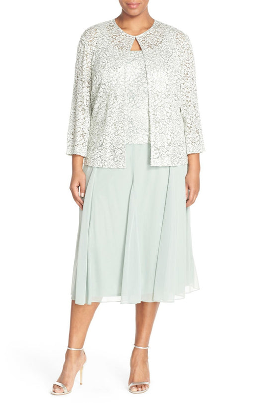 Alex Evenings - 4121143 Lace Tea Length Dress with Jacket in Sage