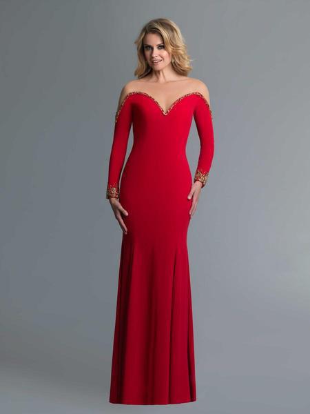 Saboroma - 4129 Metallic Beaded Sleeve Illusion Plunge Gown In Red