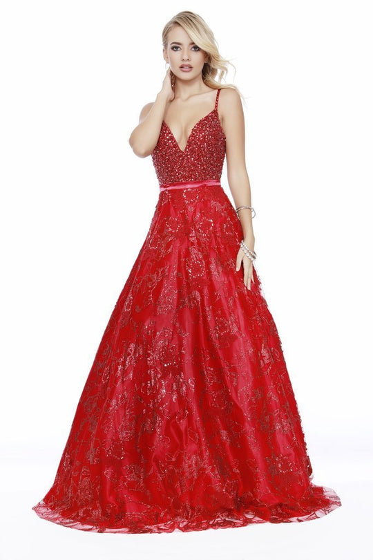 Shail K - 41326 Elegant V Neckline Embellished A-Line Dress In Red