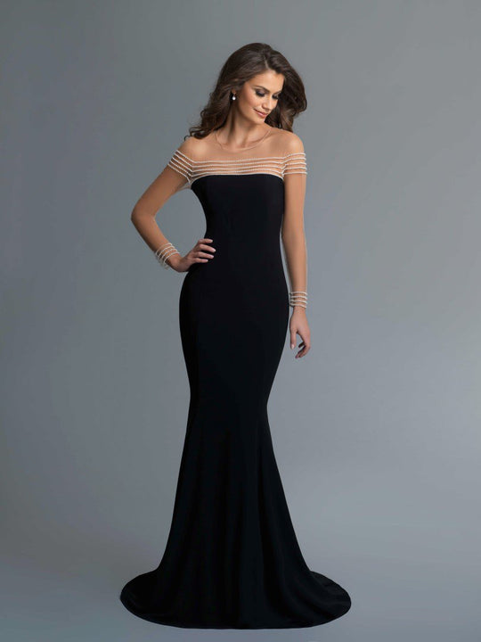 Saboroma - 4134 Pearl Beaded Sheer Neckline and Sleeve Mermaid Gown In Black