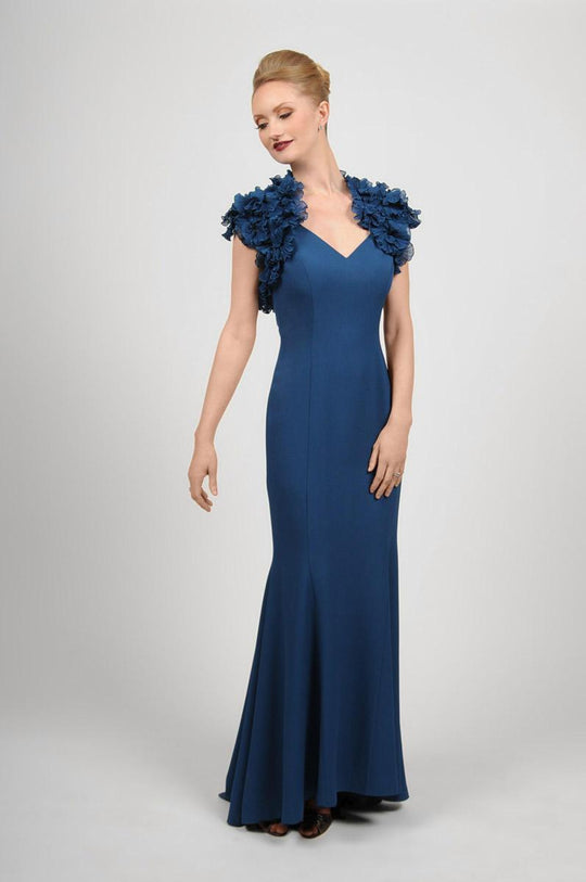 Daymor Couture - Embellished V-Neck Trumpet Dress 413 in Blue