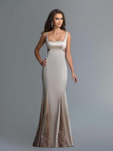 Saboroma - 4140 Beaded Square Sheath Evening Dress In Neutral