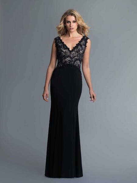 Saboroma - 4147 Lace-Trimmed Plunging Bodice Sheath Gown In Black