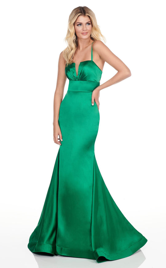 Rachel Allan Homecoming - 4151 Embellished Plunging V-neck Satin Dress In Green