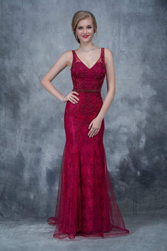 Nina Canacci - 4155 Sleeveless Lace Embroidered Evening Gown In Red