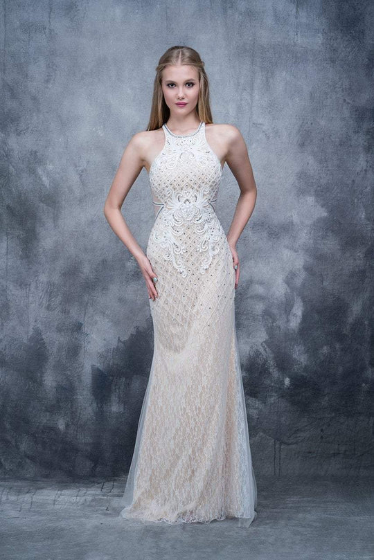 Nina Canacci - 4157 Halter Diamond Style Embroidered Long Dress In White and Neutral