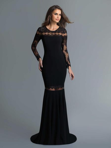 Saboroma - 4157 Lace Jewel Long Sleeves Trumpet Dress In Black