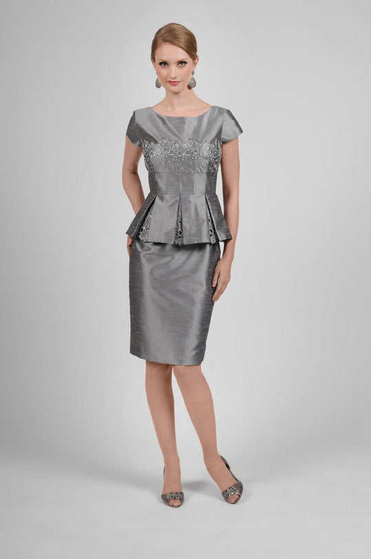 Daymor Couture - Cap Sleeve Two-Piece Cocktail Dress 415 in Gray