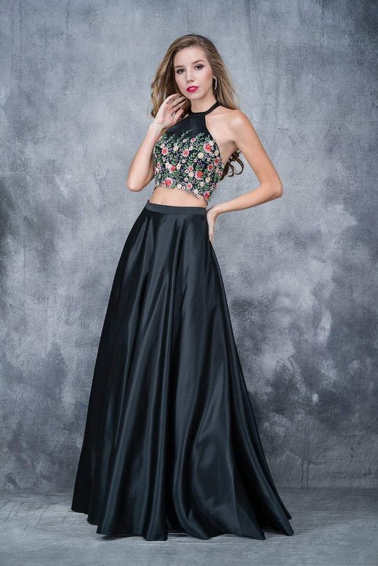 Nina Canacci - 4166 Two-Piece Floral Applique Evening Gown In Black and Multi-Color