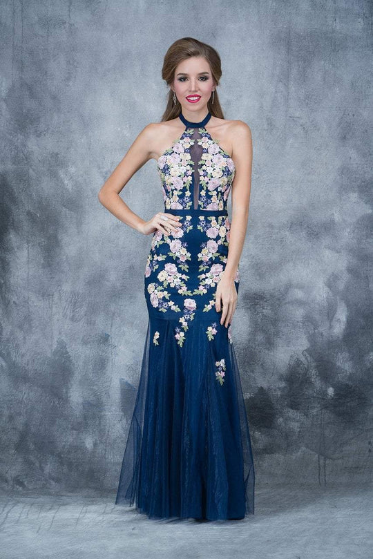 Nina Canacci - 4167 Floral Applique Halter Evening Gown In Blue