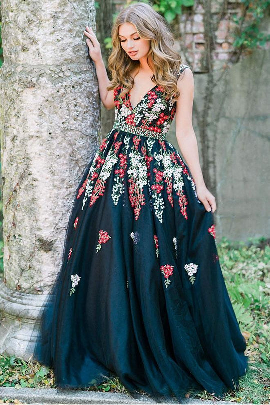 41727 Floral Deep V-neck Ballgown