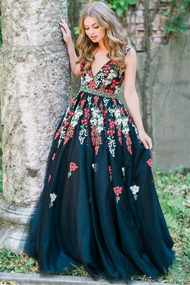 41727 Floral Deep V-neck Ballgown
