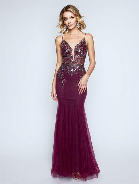 Nina Canacci - 4175 Sequined Lace Deep V-neck Trumpet Dress