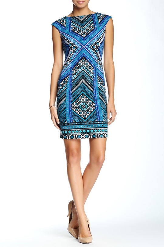London Times - T1497P Cap Sleeve Multi-Print Dress in Blue and Green