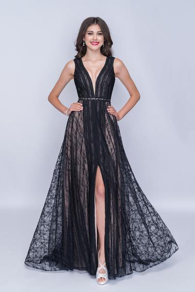 Nina Canacci - 5132 Lace Deep V-neck A-line Dress With Train