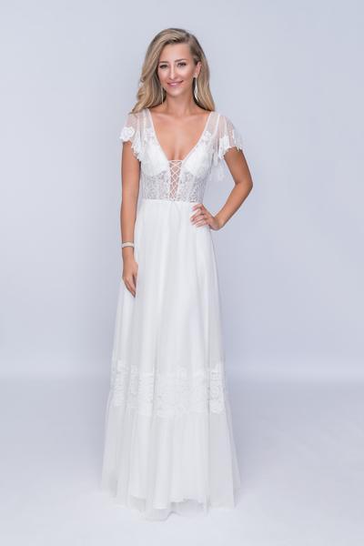 Nina Canacci - 4187 Flutter Cap Sleeve Lattice Motif Lace Gown In Ivory