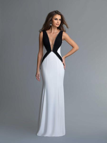 Saboroma - 4197 Embellished Deep V-neck Trumpet Dress In Black and White