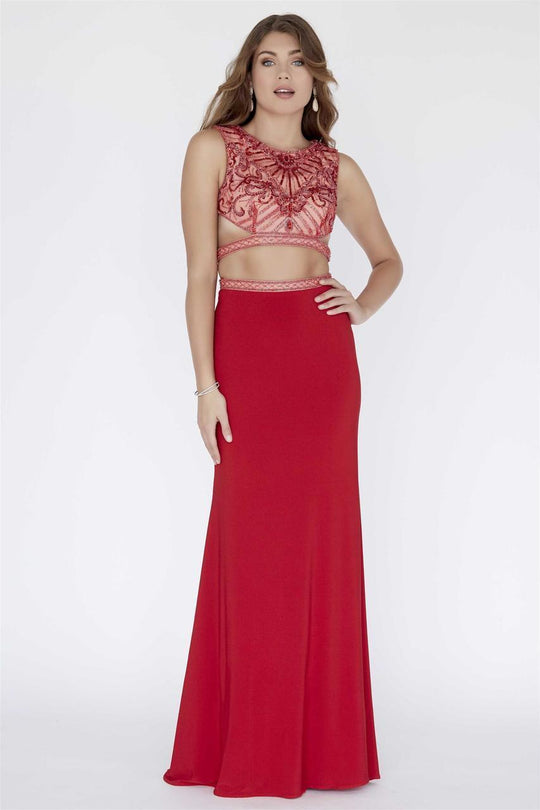 Jolene Collection - 18119 Two Piece Beaded Jewel Sheath Dress In Red and Neutral