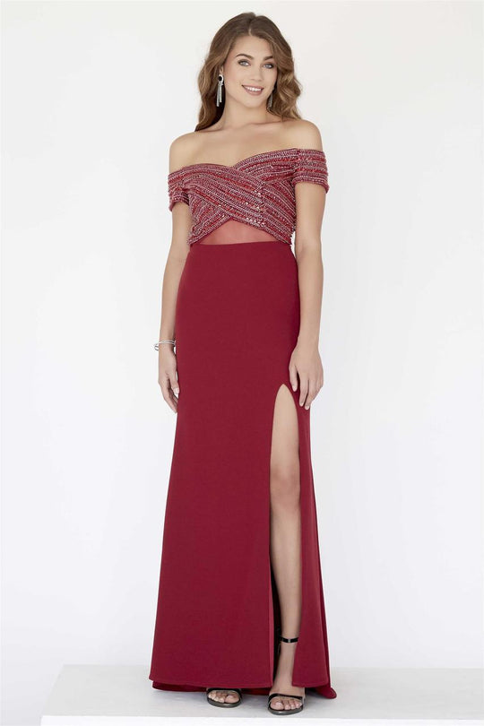 Jolene Collection - 18317 Off-Shoulder Beaded Sheath Gown In Red