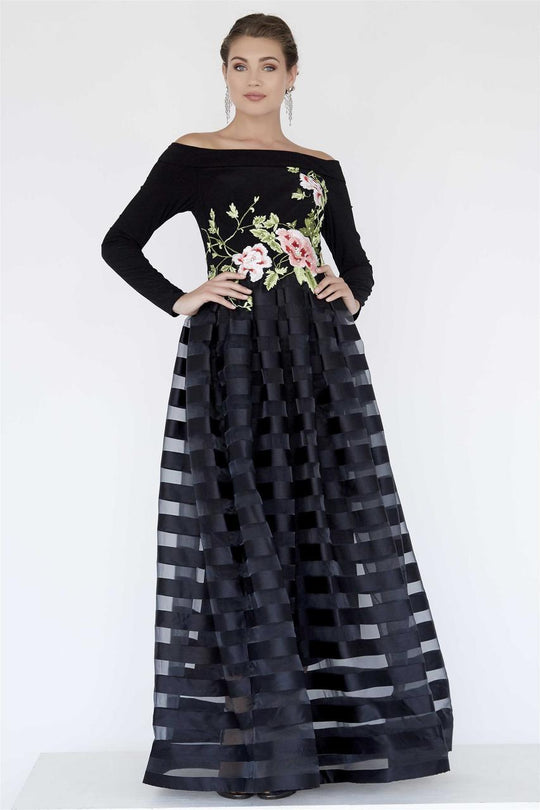 Jolene Collection - 18102 Beaded Floral Embroidered A-line Dress In Black and Multi-Color