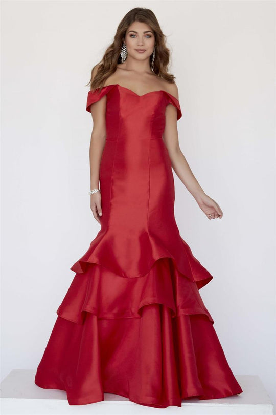 Jolene Collection - 18095 Off-Shoulder Mikado Tiered Mermaid Dress In Red
