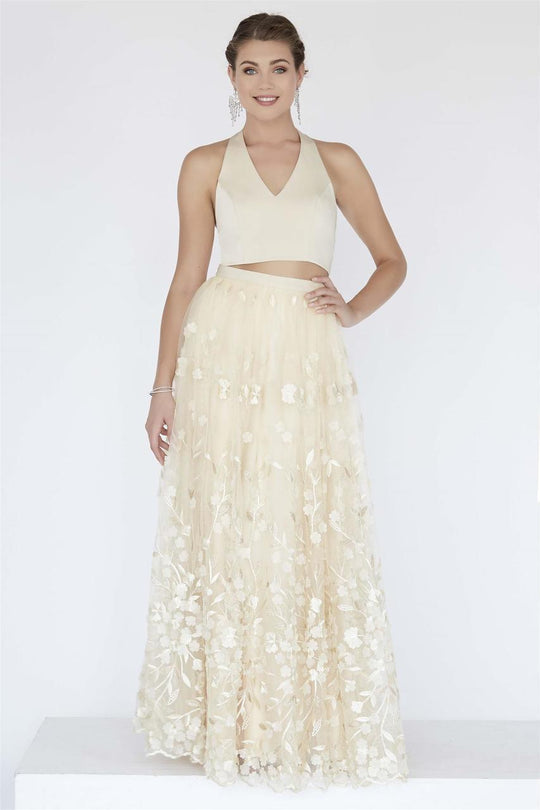 Jolene Collection - 18025 Embroidered Floral Applique Two-Piece Gown In Gold