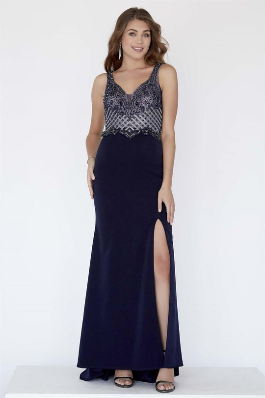 Jolene Collection - 18006 Beaded Fitted Dress with Slit In Blue and Neutral