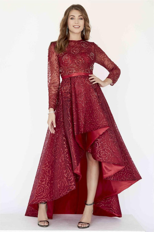 Jolene Collection - 18333 Long Sleeves Beaded High Low Gown In Red