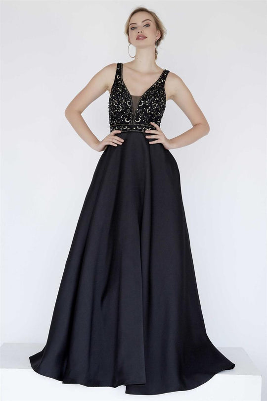 Jolene Collection - 17144 Sequined Plunging Pleated A-Line Gown In Black and Gold