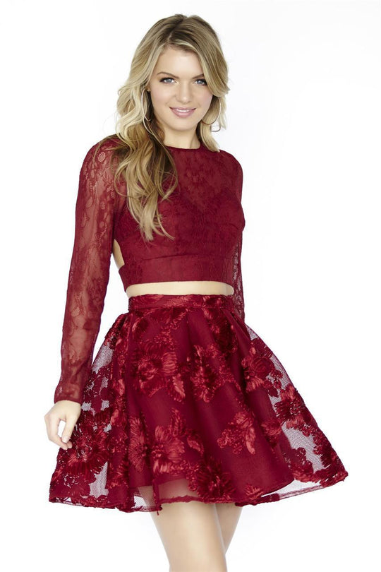Jolene Collection - 17513 Long Sleeve Two-Piece Cocktail Dress In Red