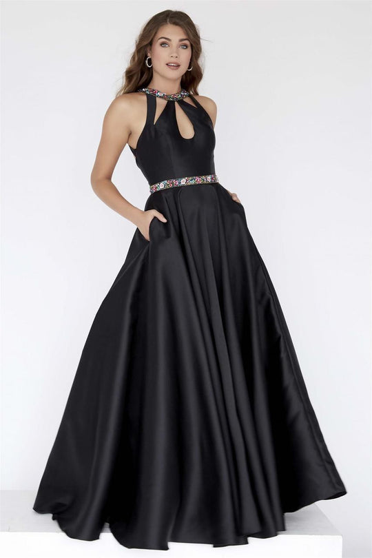 Jolene Collection - 18087 Beaded Halter Mikado A-line Dress In Black and Multi-Color