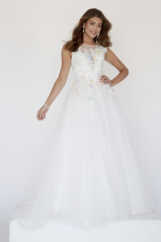 Jolene Collection - 18352 Sheer Bateau Neck A-line Gown In White and Multi-Color