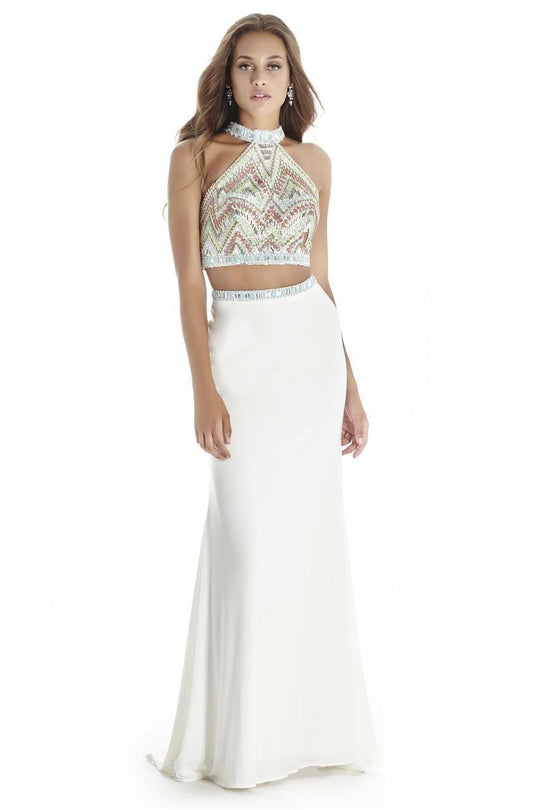 Jolene Collection - 17054 Two Piece Beaded Halter Dress In White and Multi-Color