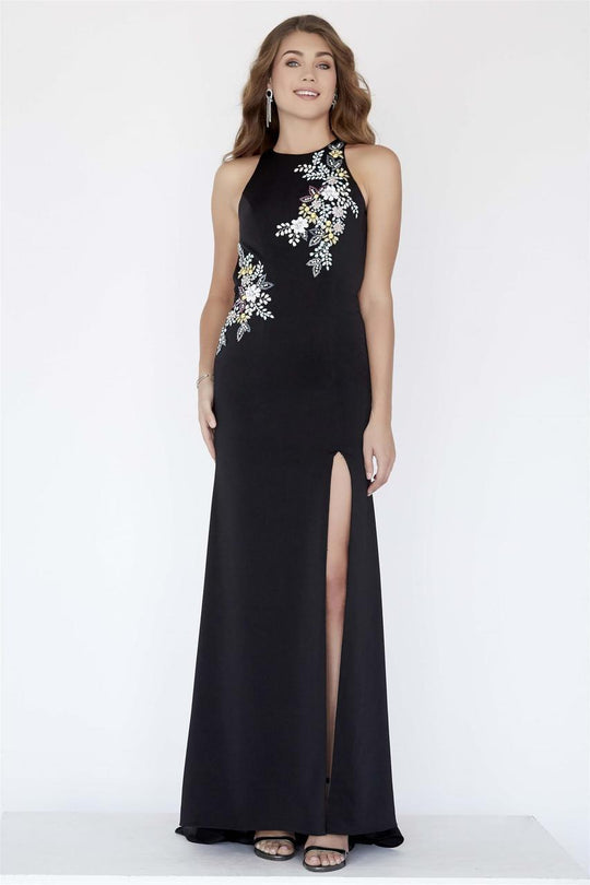 Jolene Collection - 18076 Floral Beaded Halter Crepe Sheath Dress In Black and Multi-Color