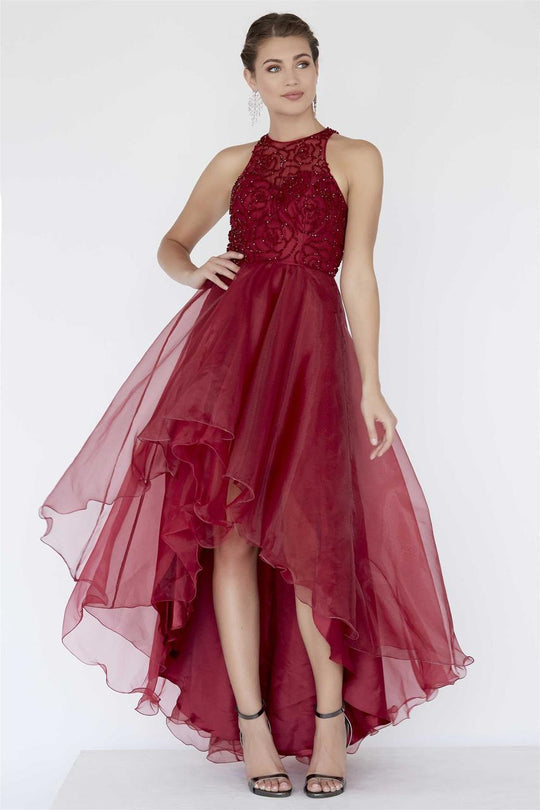 Jolene Collection - 18058 Beaded Illusion Halter High Low Dress In Red