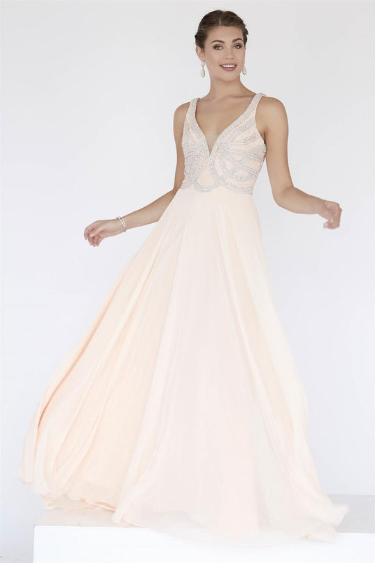 Jolene Collection - 18005 Beaded V-Neck Fitted Chiffon Dress In Pink