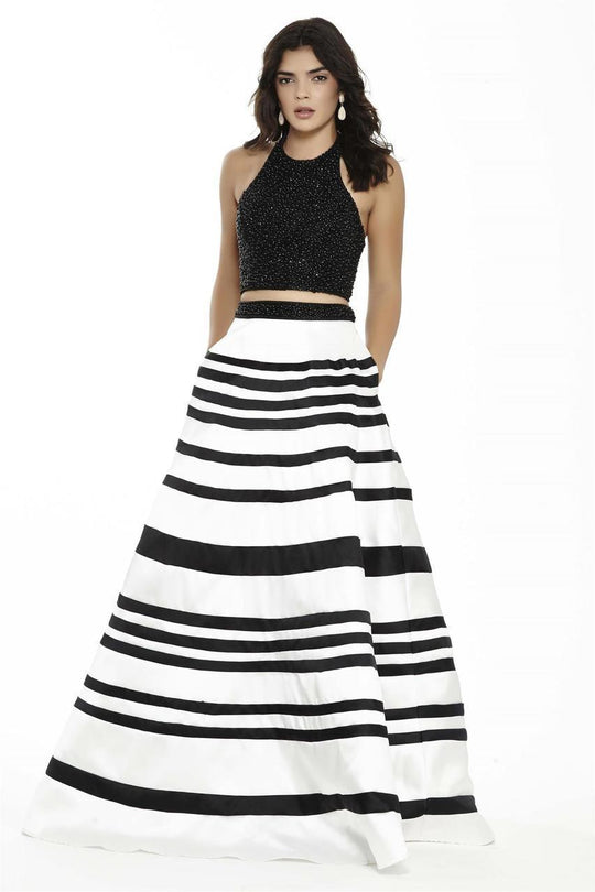 Jolene Collection - 17071 Two Piece Beaded Stripe Dress In Black and White