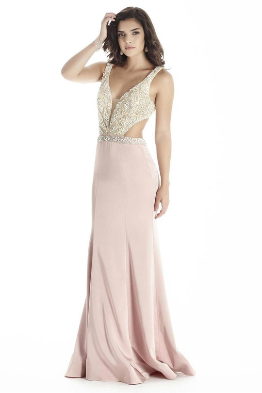 Jolene Collection - 17060 Plunging V Neck Cut Out Trumpet Gown In Pink and Neutral
