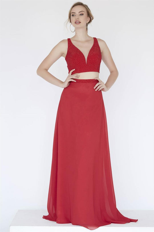 Jolene Collection - 18024 Two Piece V-Neck Fitted Chiffon Dress In Red