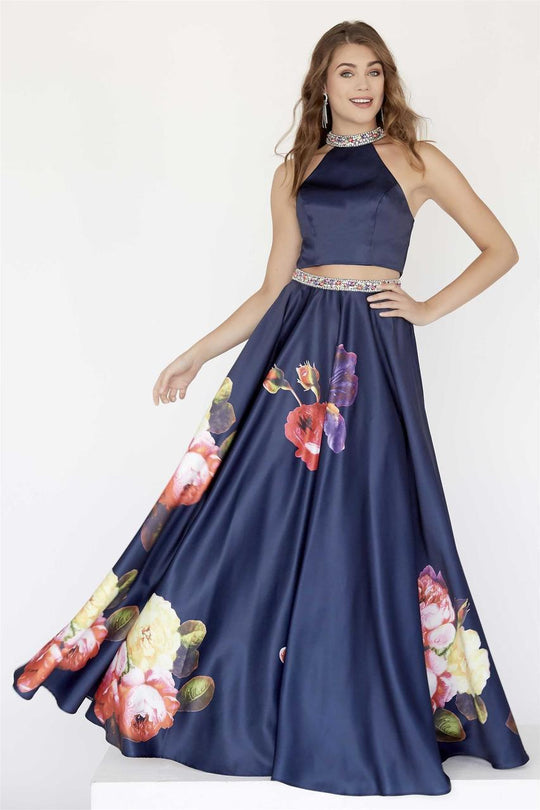 Jolene Collection - 18038 Two Piece Beaded Halter Satin A-line Dress In Blue and Multi-Color
