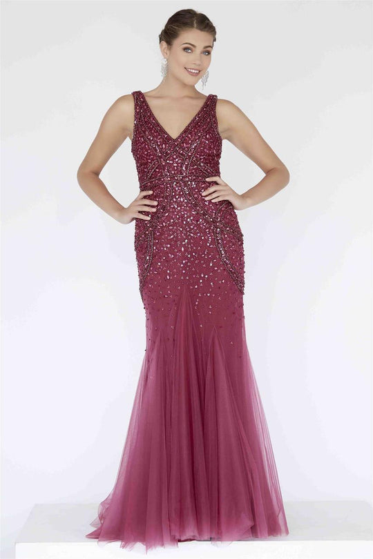 Jolene Collection - 18314 V-neck Beaded Mermaid Gown In Red