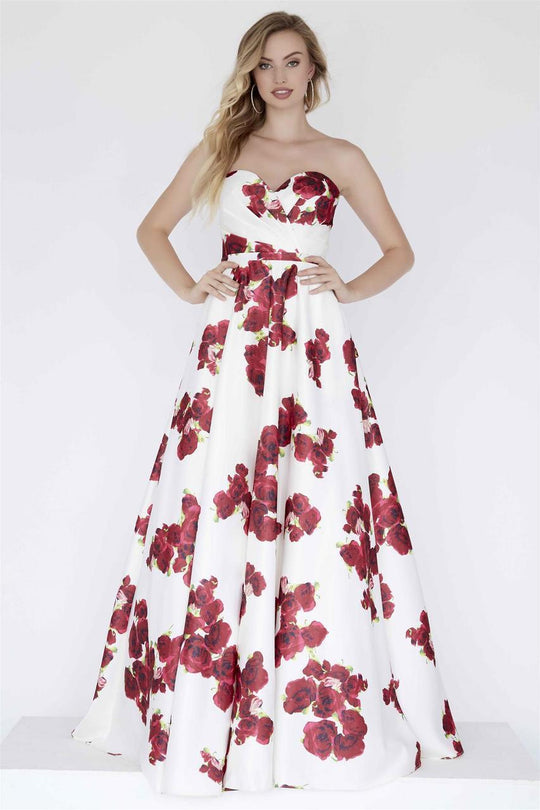 Jolene Collection - 18113L Floral Print Sweetheart Satin A-line Dress In White and Multi-Color
