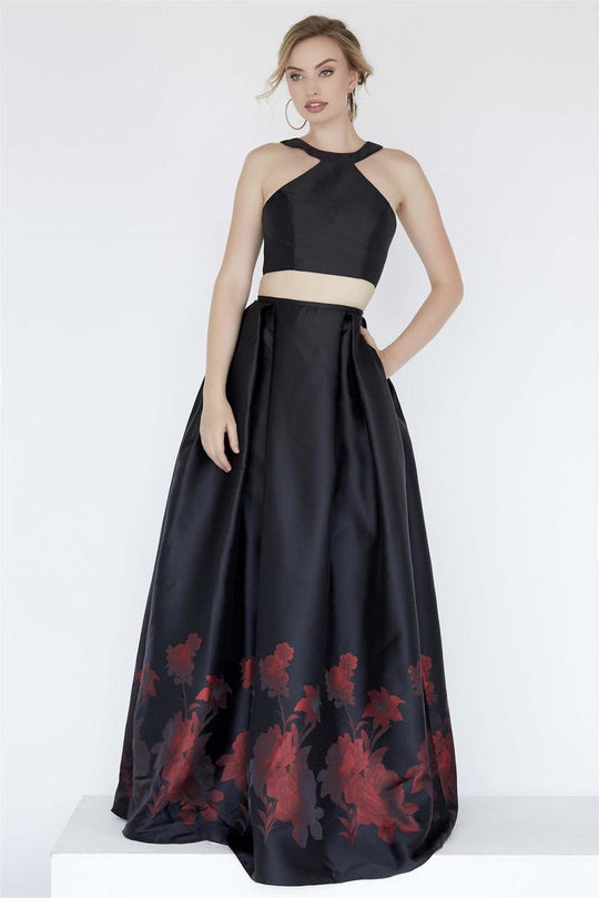 Jolene Collection - 18069 Two Piece Floral Print Taffeta A-line Dress In Black and Red