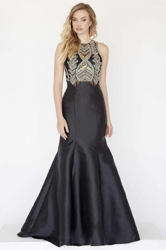 Jolene Collection - 18032 Sequined Halter Fitted Mermaid Gown In Black and Gold