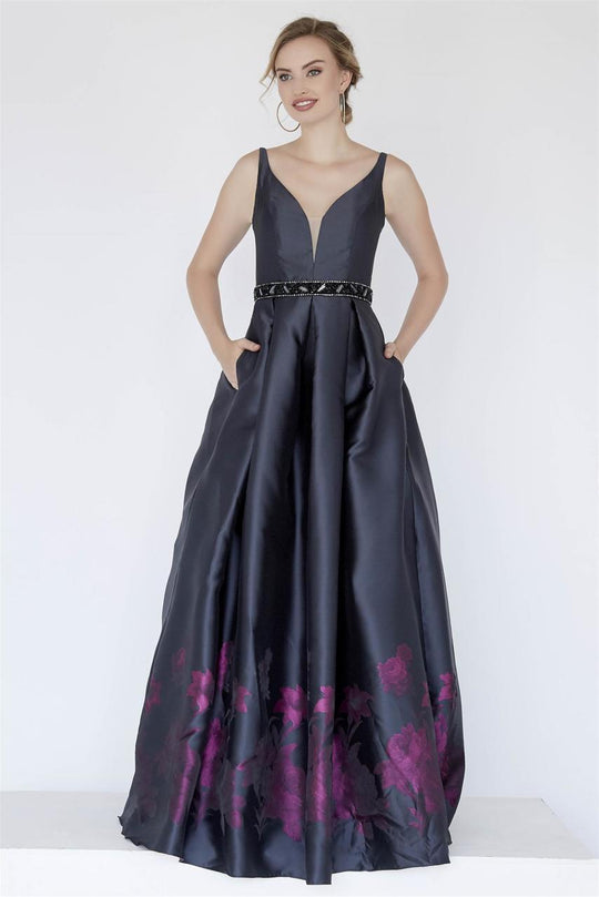 Jolene Collection - 18070 Beaded V-neck Floral Print Taffeta Dress In Gray and Purple