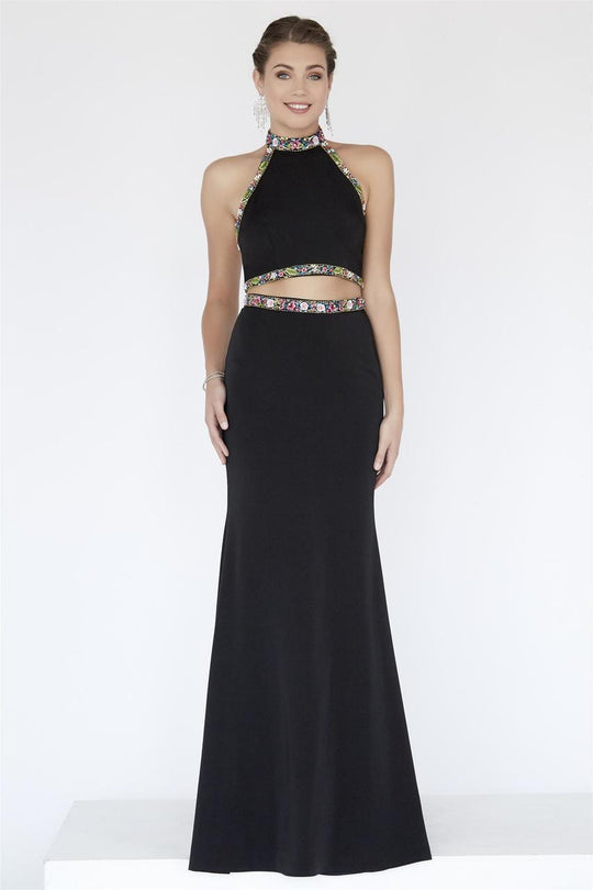 Jolene Collection - 18082 Two Piece Floral Applique Sheath Dress In Black and Multi-Color