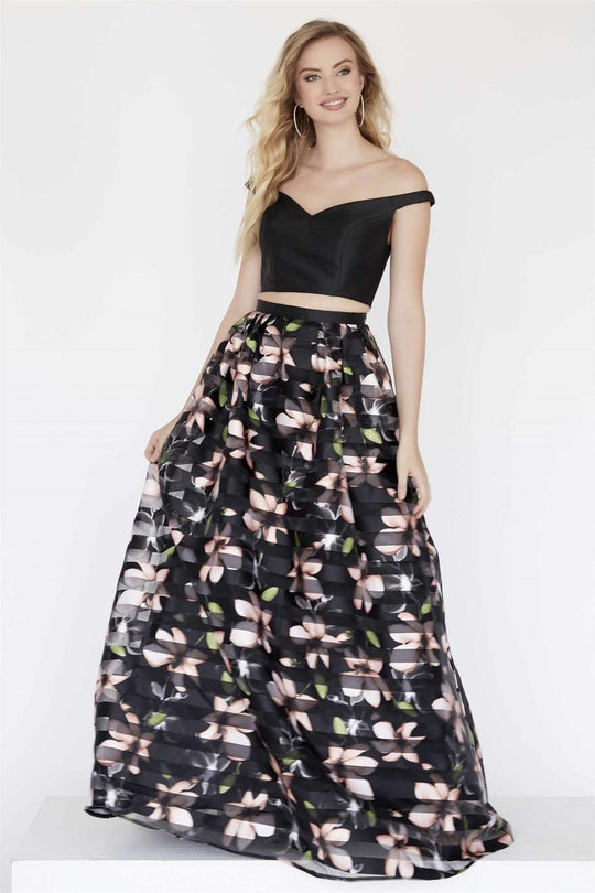 Jolene Collection - 18111 Two Piece Off-Shoulder Floral A-line Dress In Black and Multi-Color